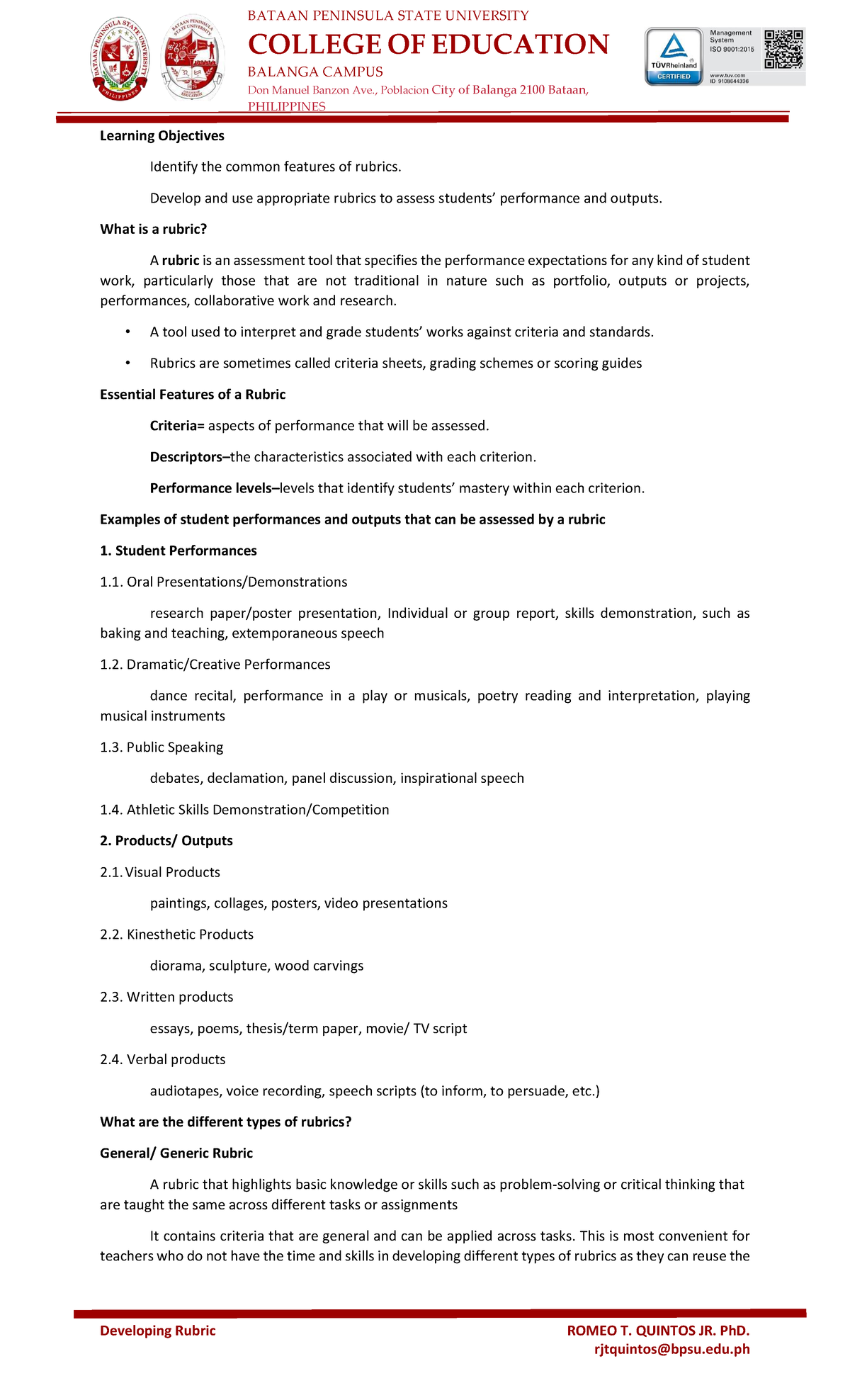 AIL2-6 - Developing Effective Rubrics for Student Assessment - Studocu