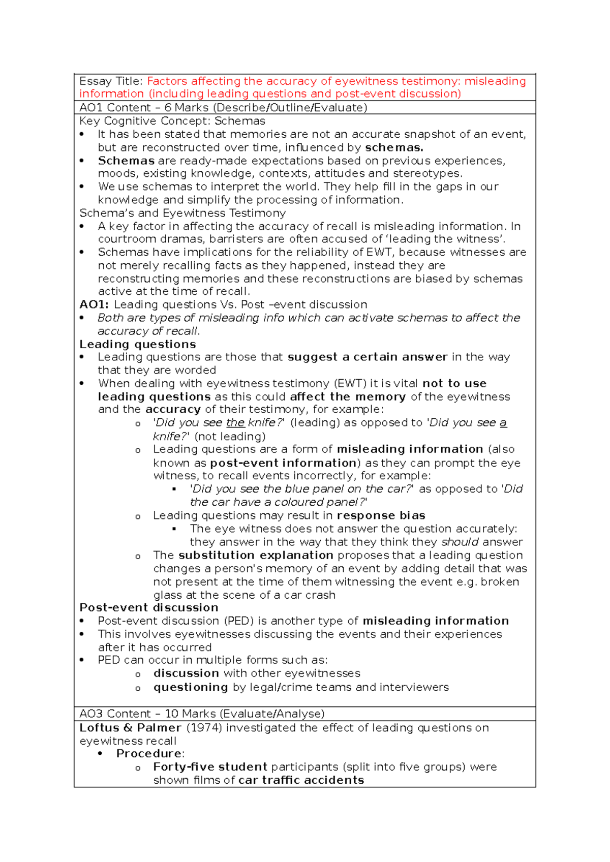 Essay Plan: Factors Influencing Eyewitness Testimony Accuracy (PSY101 ...