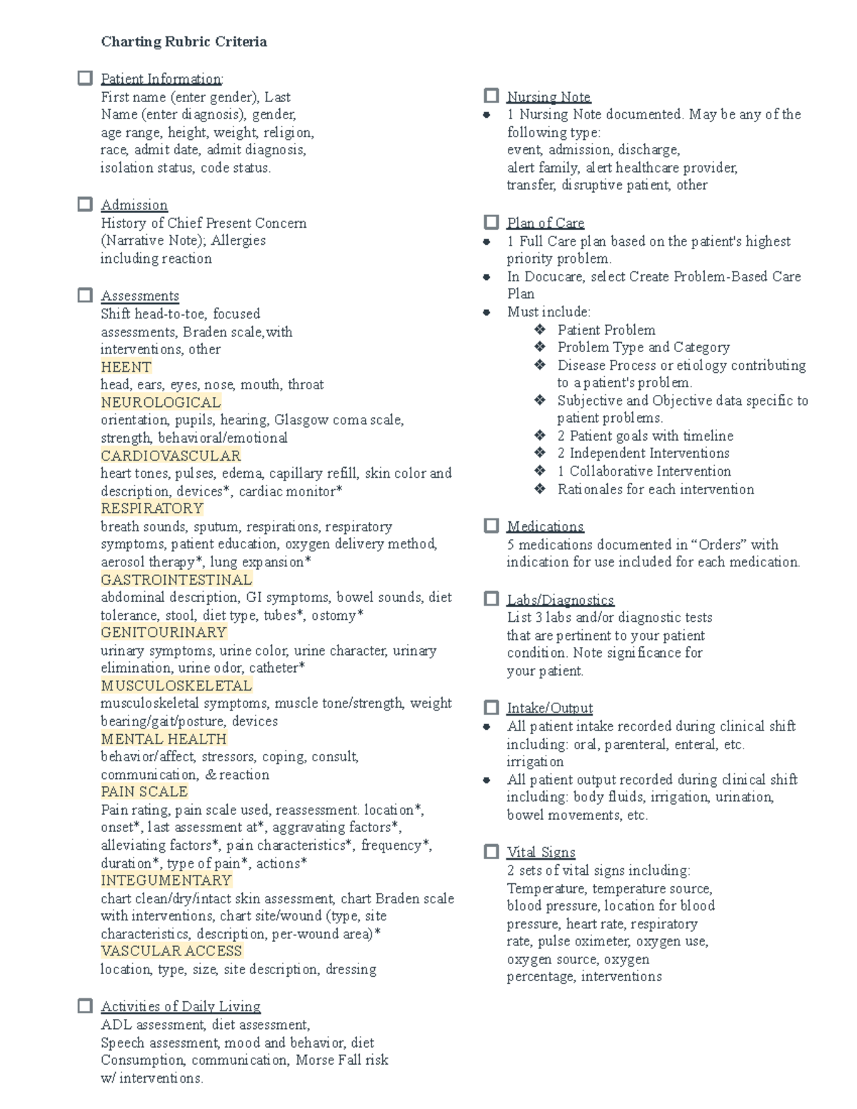 Head to to assessment check list - Charting Rubric Criteria Patient ...