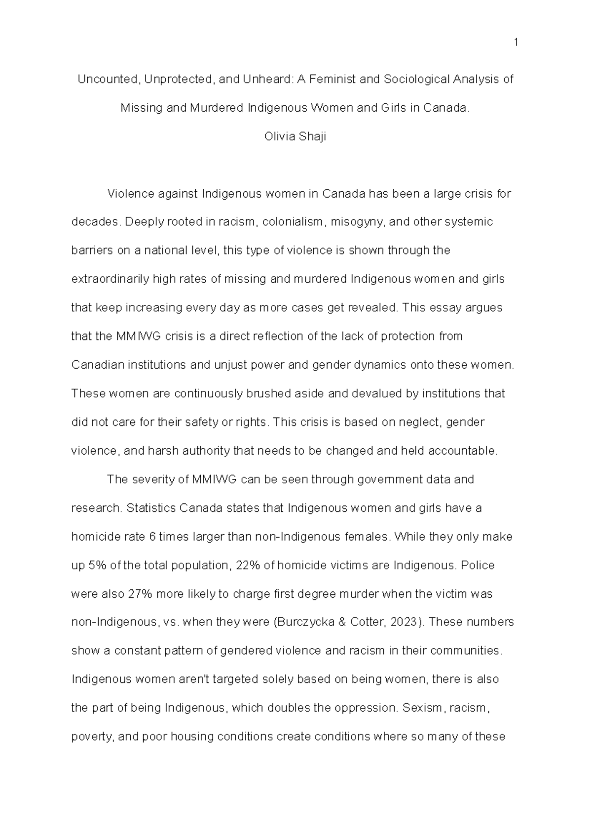 Final Essay: MMIWG Crisis in Canada - A Feminist Perspective - Studocu
