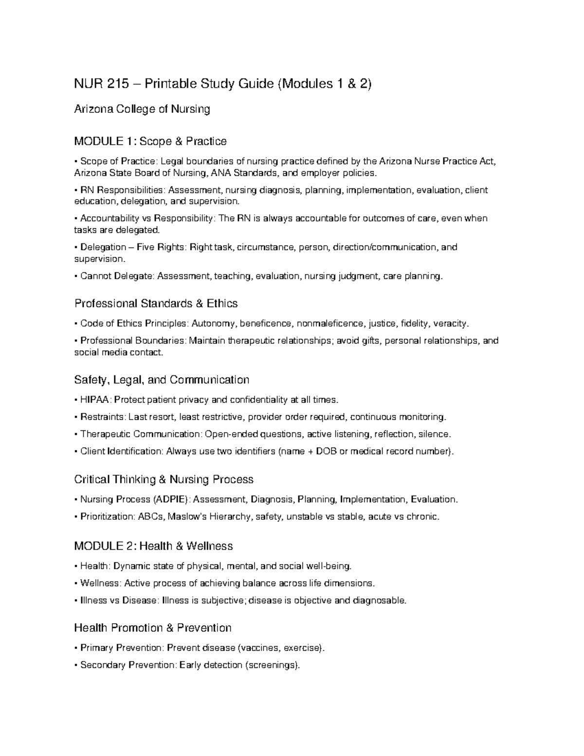NUR 215 Study Guide: Modules 1 & 2 Overview and Key Concepts - Studocu