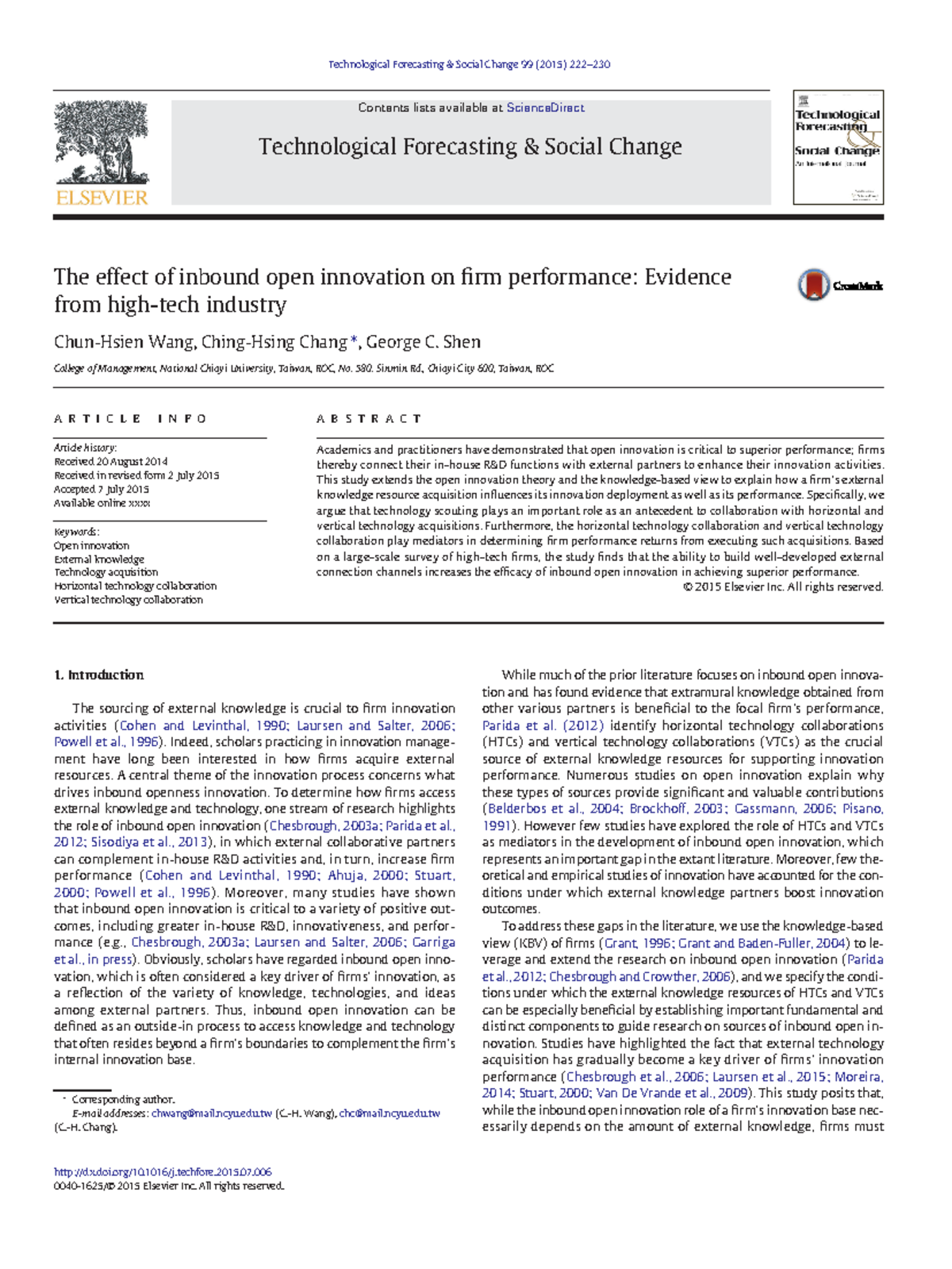 Wang2015 - good - The effect of inbound open innovation on firm ...