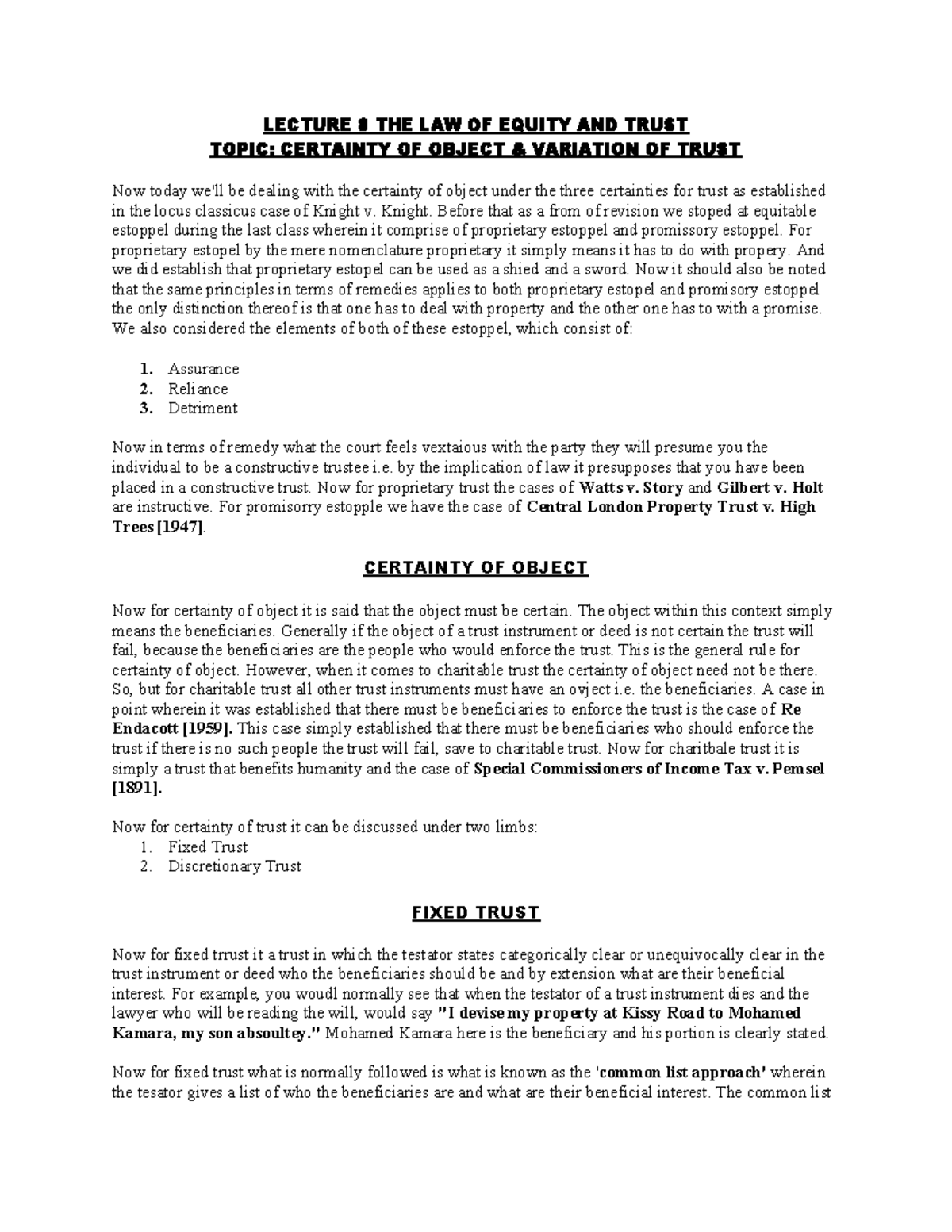 LECTURE 8: THE LAW OF EQUITY & TRUST - CERTAINTY OF OBJECT - Studocu