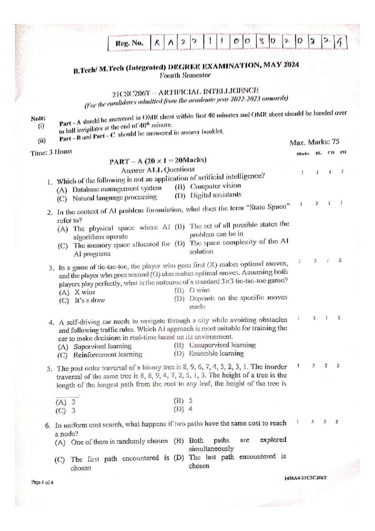 AI Sem QP - M.Tech 21CSC206T Final Exam Questions, May 2024 - Studocu