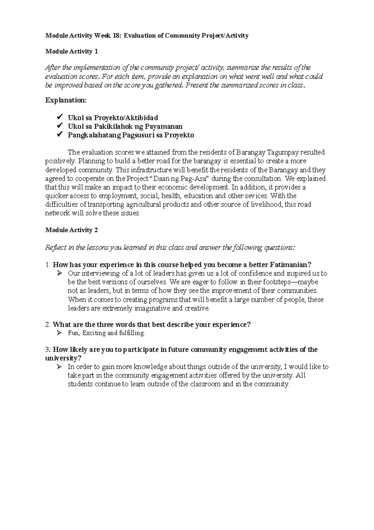 Module Activity 18: Community Project Evaluation and Reflections - Studocu