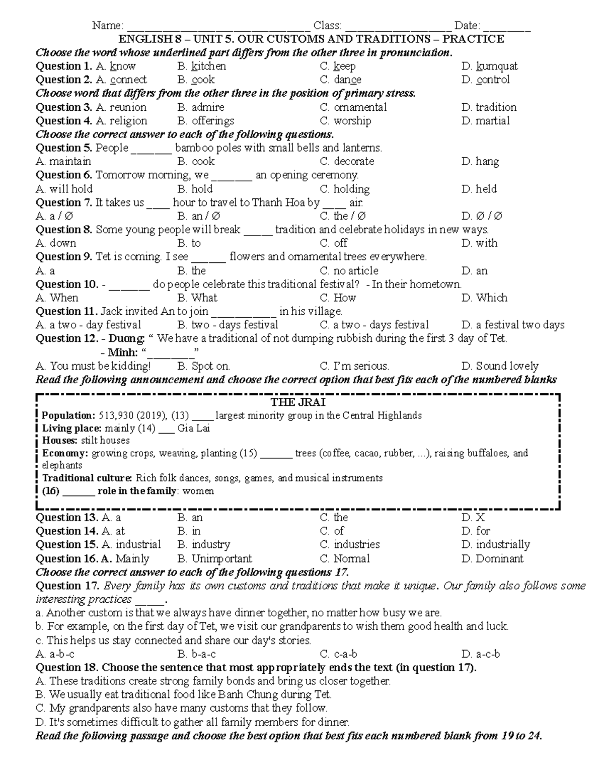 E8 - GS - UNIT 5 - Our Customs and Traditions Practice - Studocu