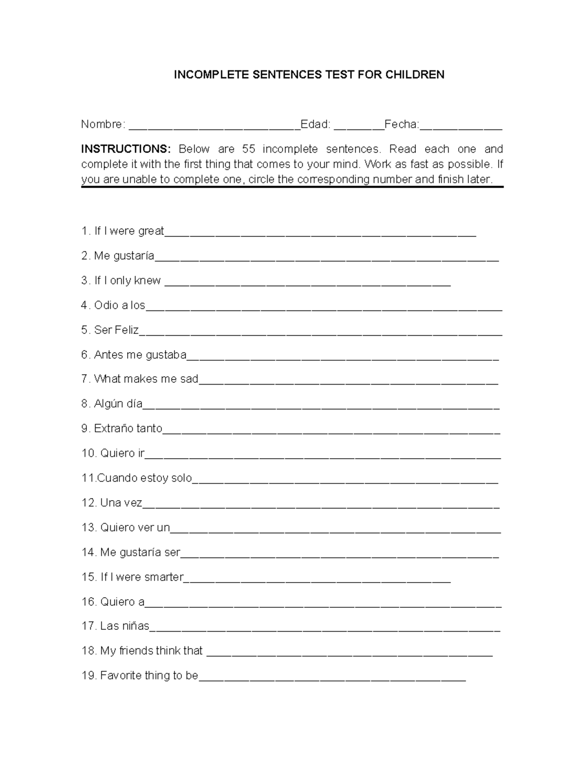 SSCT Incomplete Sentences Test for Children (Child Psychology) - Studocu