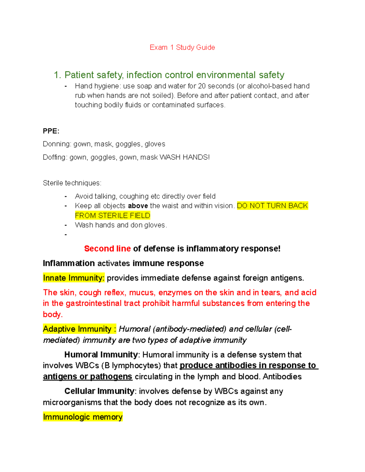 NUR 101 Exam 1 Study Guide: Infection Control & Nursing Process - Studocu