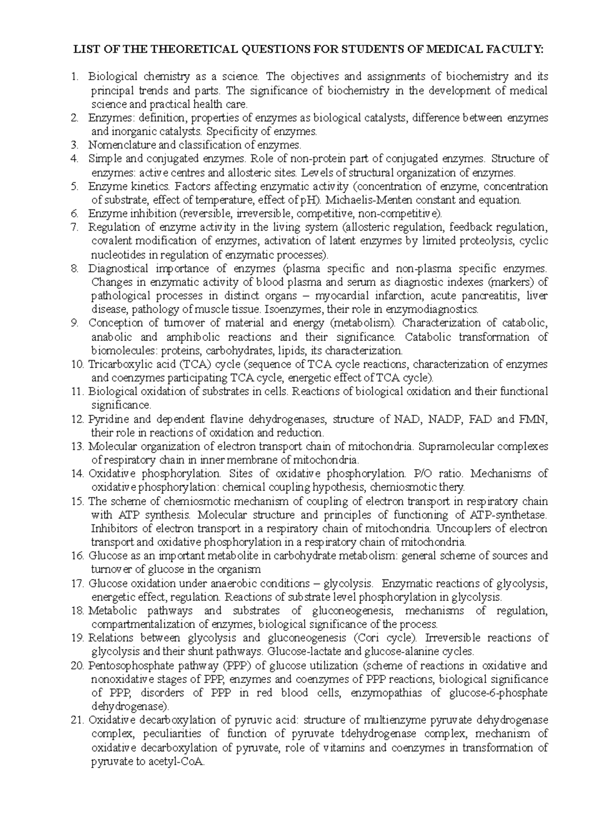 Medical Biochemistry Theoretical Questions - Exam Preparation List ...
