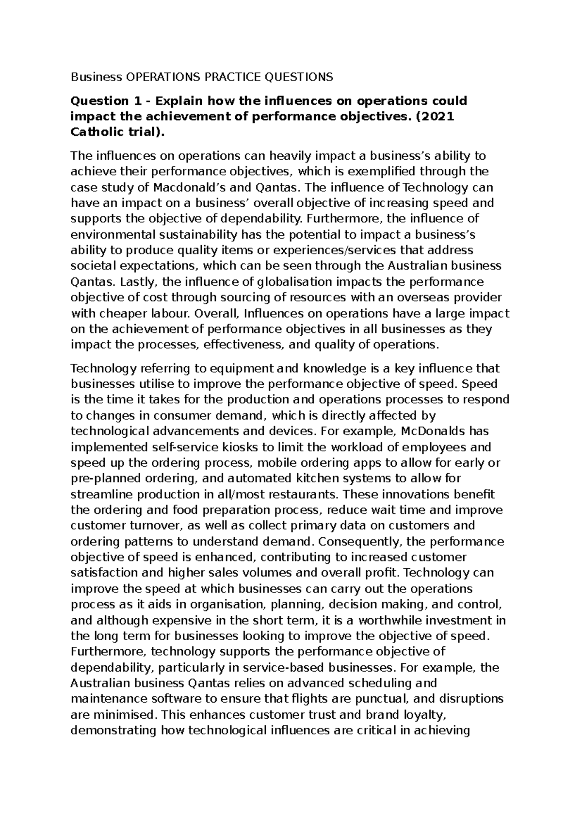 Business OPERATIONS PRACTICE QUESTIONS: Influences on Performance ...