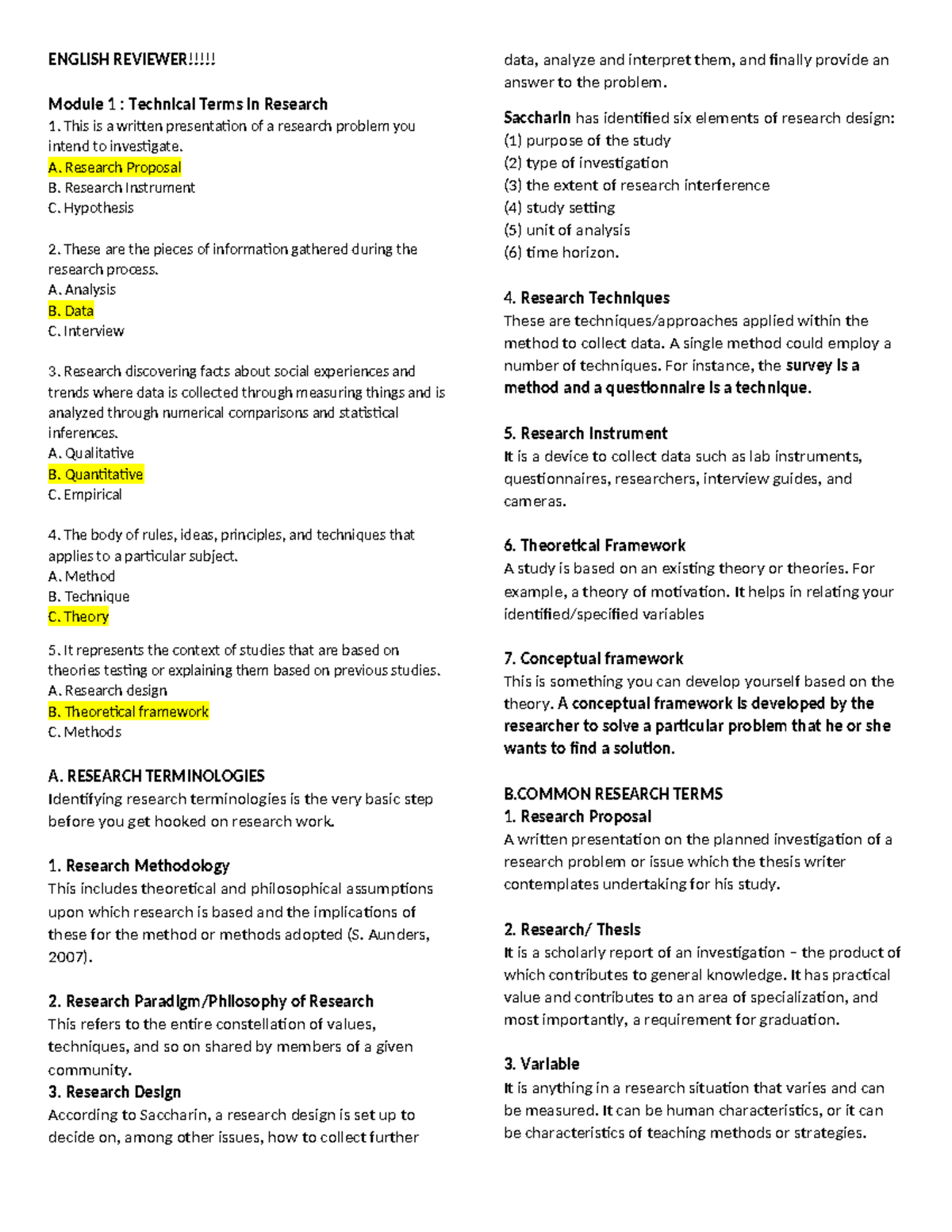 ENGLISH Module 1: Key Research Terms and Definitions Review - Studocu