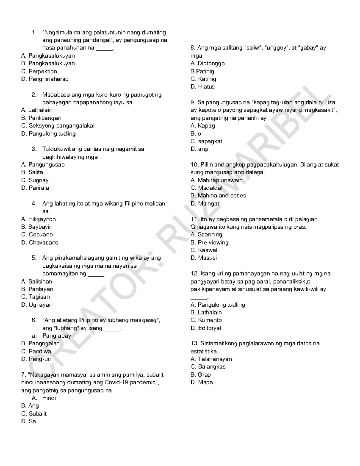 Filipino 101: Quiz on Sentence Structure and Language Use - Studocu