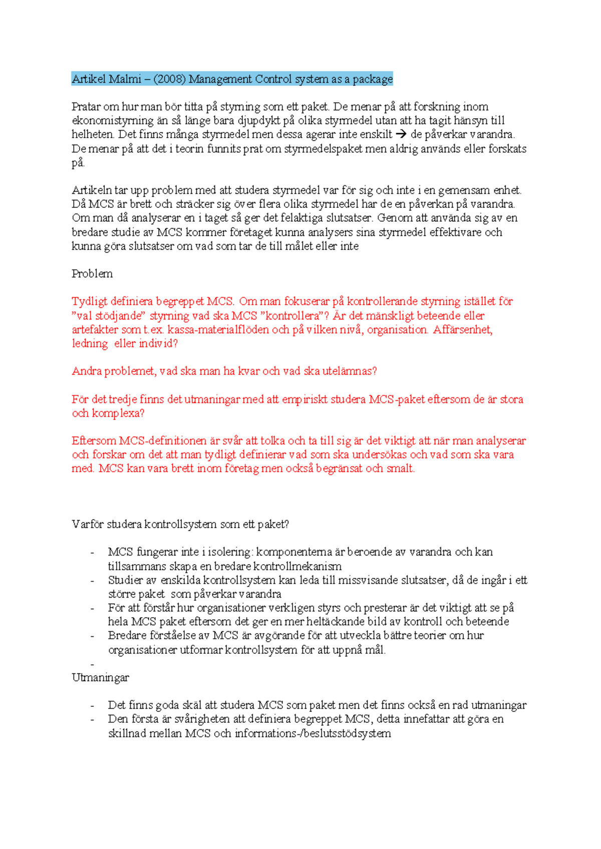 MCS 101: Management Control Systems as a Package - A Comprehensive ...