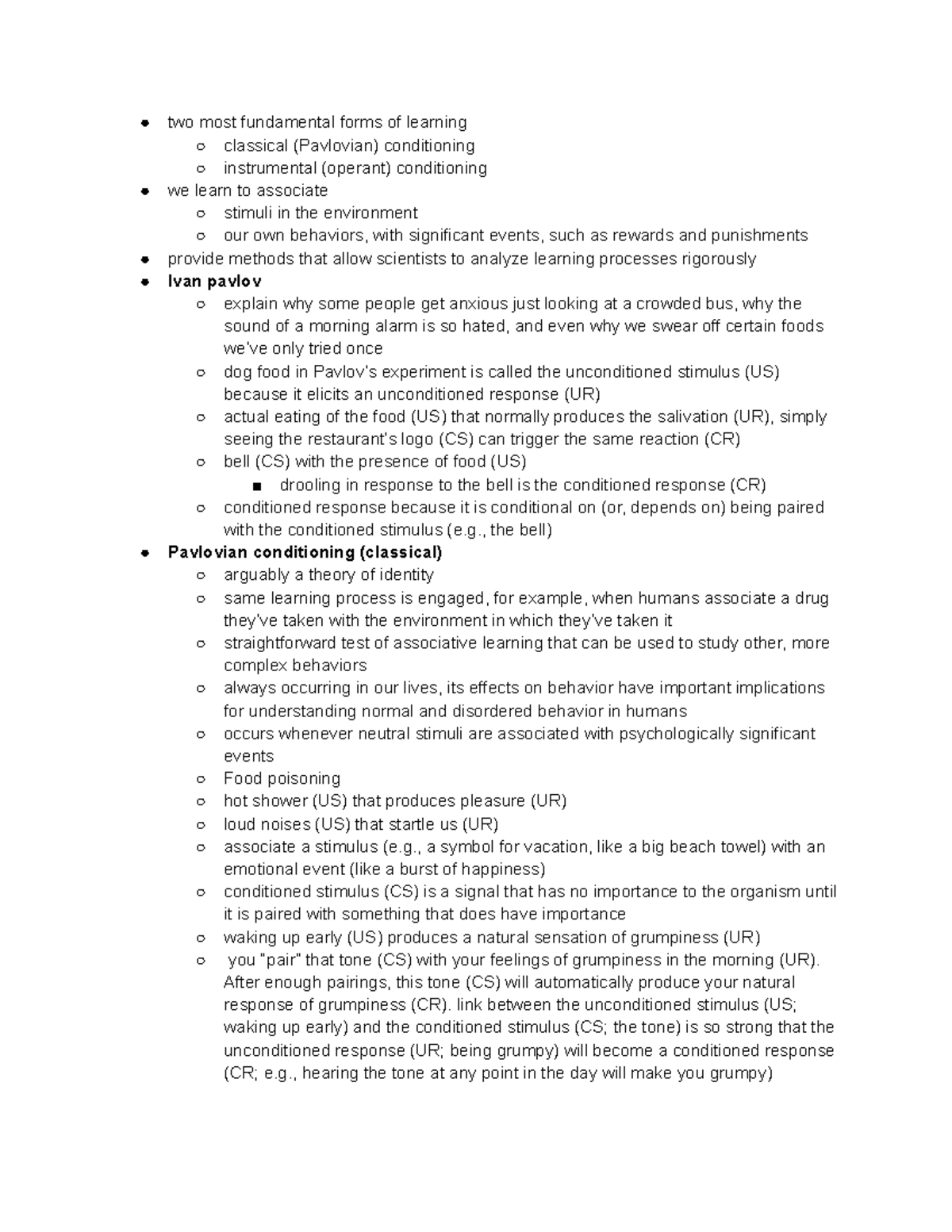 Module 13 notes - Prof. Zoccolillio. classical (Pavlovian) conditioning ...