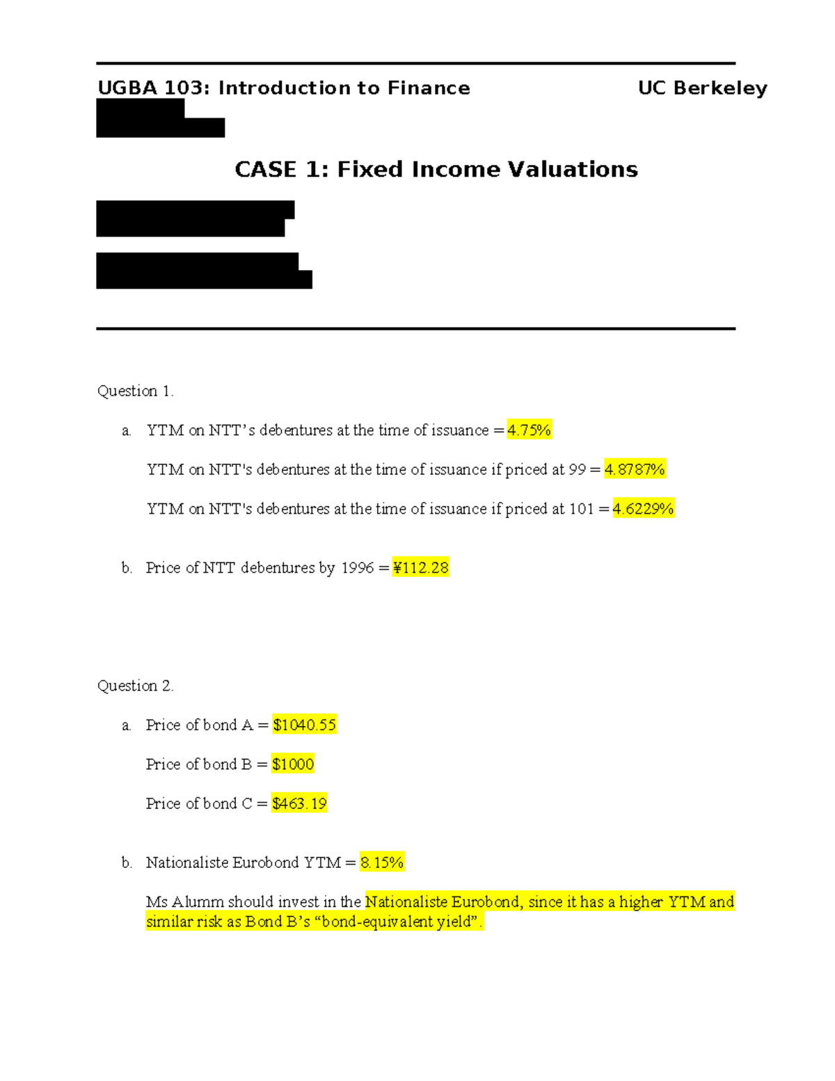 UGBA 103: Case Study on Fixed Income Valuations - Summer 2024 - Studocu