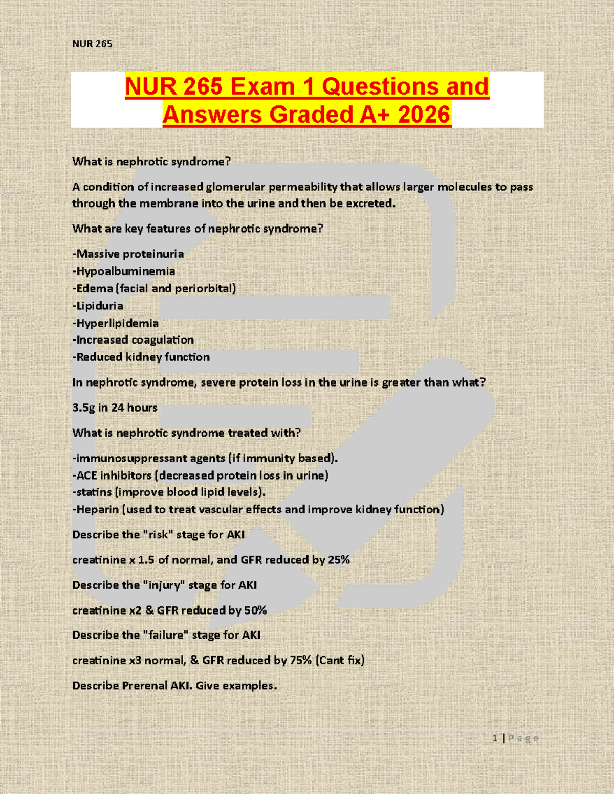 NUR 265 Exam 1 Study Guide: Key Concepts & Q&A 2026 - Studocu
