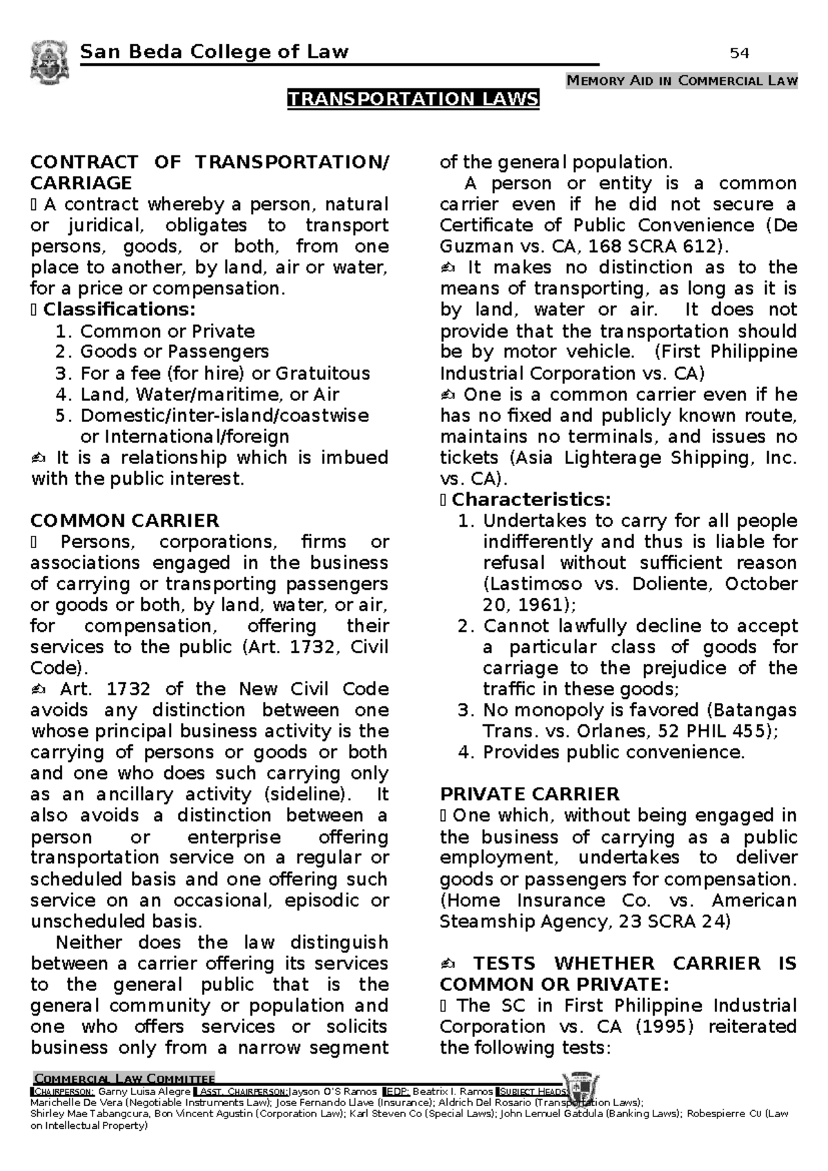 Transportation Law Reviewer: San Beda College of Law 54 - Studocu