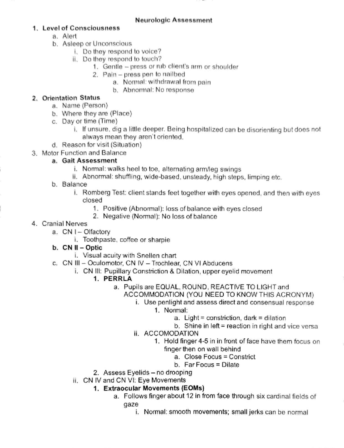 Neurologic Assessment Notes: Level of Consciousness & Motor Function ...