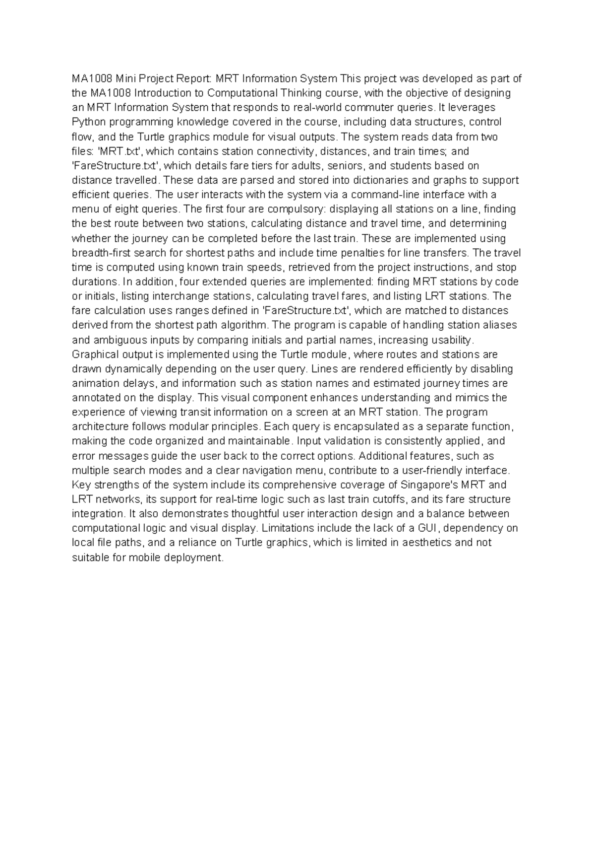 MA1008 Mini Project Report: MRT Info System Development - Studocu