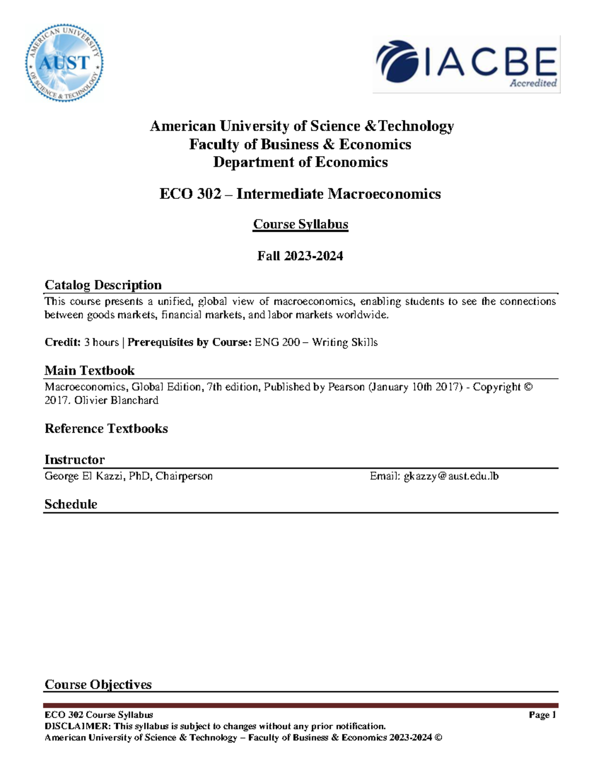 ECO 302 Intermediate Macroeconomics Syllabus Spring 2024-25 - Studocu