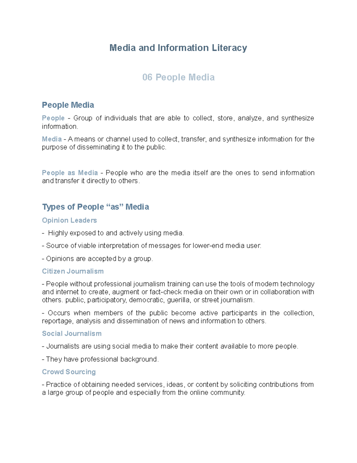 MIL 06: Media and Information Literacy - People as Media Overview - Studocu