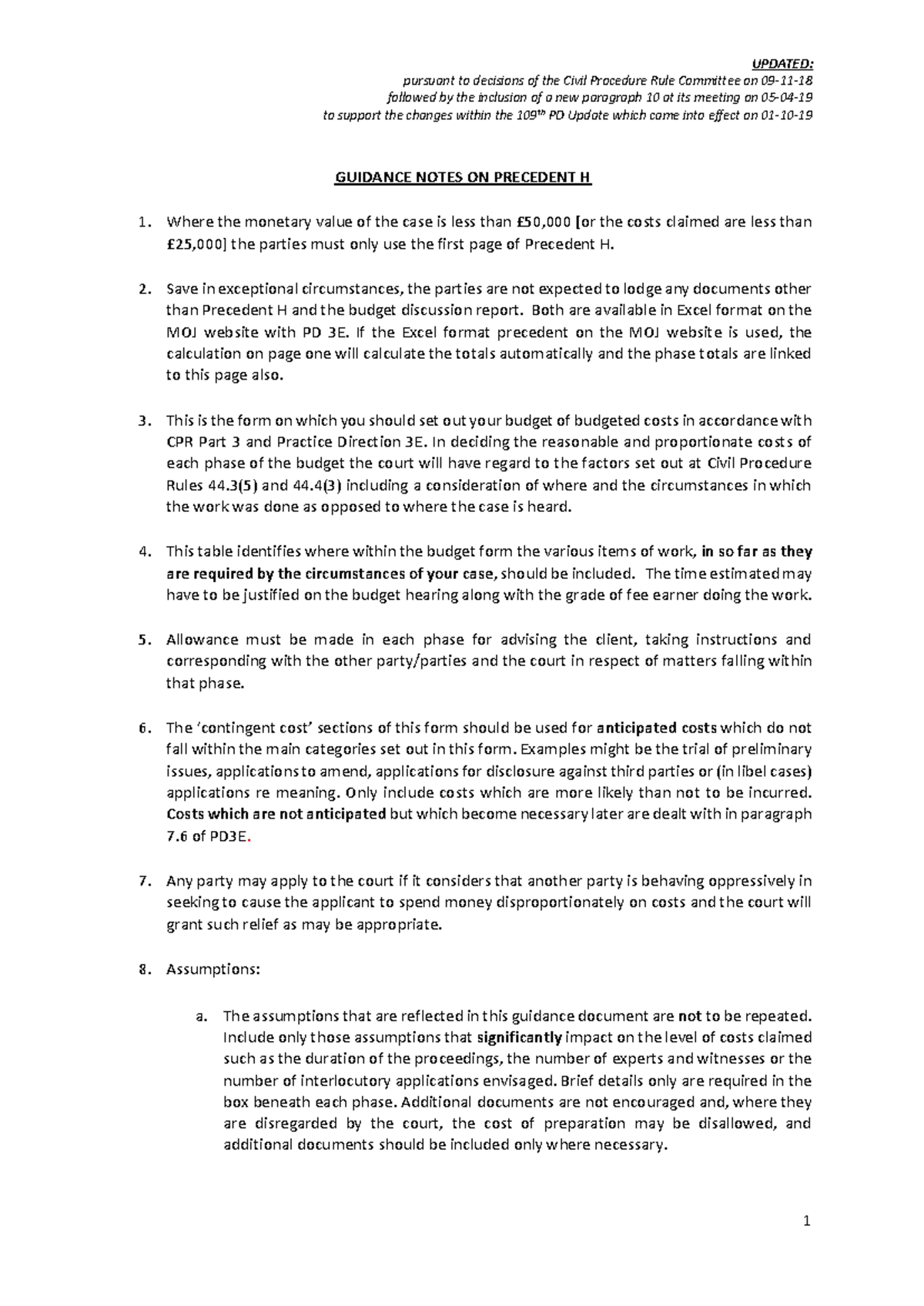 Guidance Notes on Precedent H for Civil Procedure Rules (CPR 3E) - Studocu