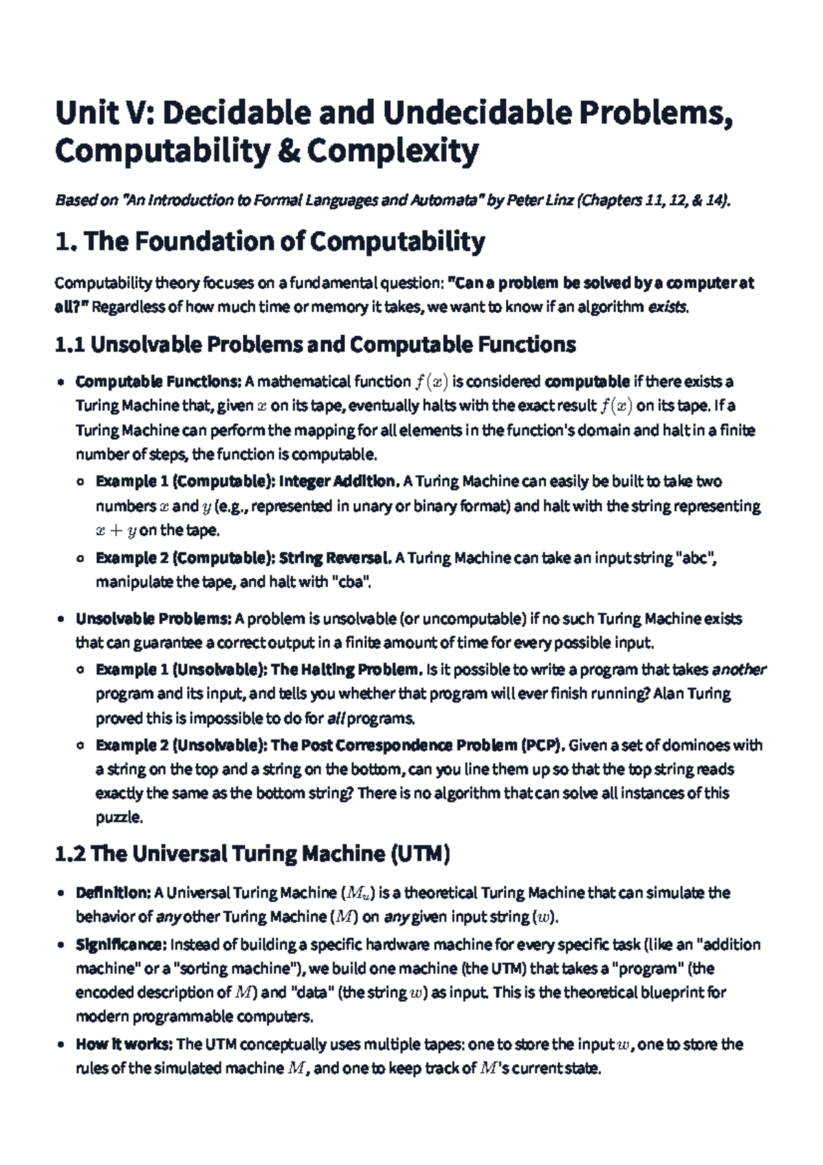 TAFL UNIT5: Decidable & Undecidable Problems in Computability - Studocu