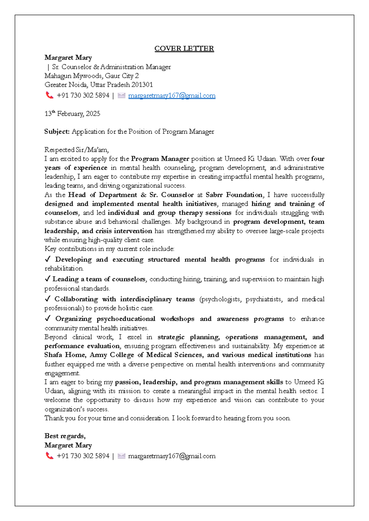 Application for Program Manager Position - Cover Letter - Studocu