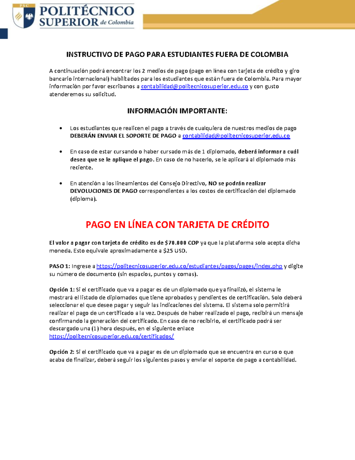 Instructivo de Pago Para Estudiantes Fuera de Colombia Polisuperior ...