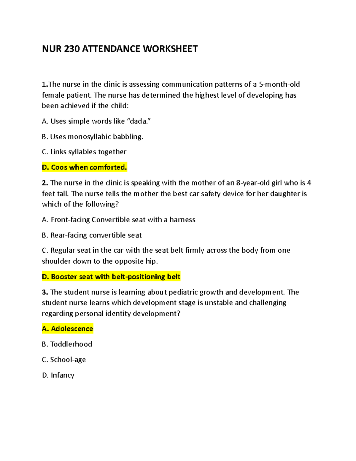 NUR 230 Exam 3 Practice Questions & Key Pediatric Development Concepts ...