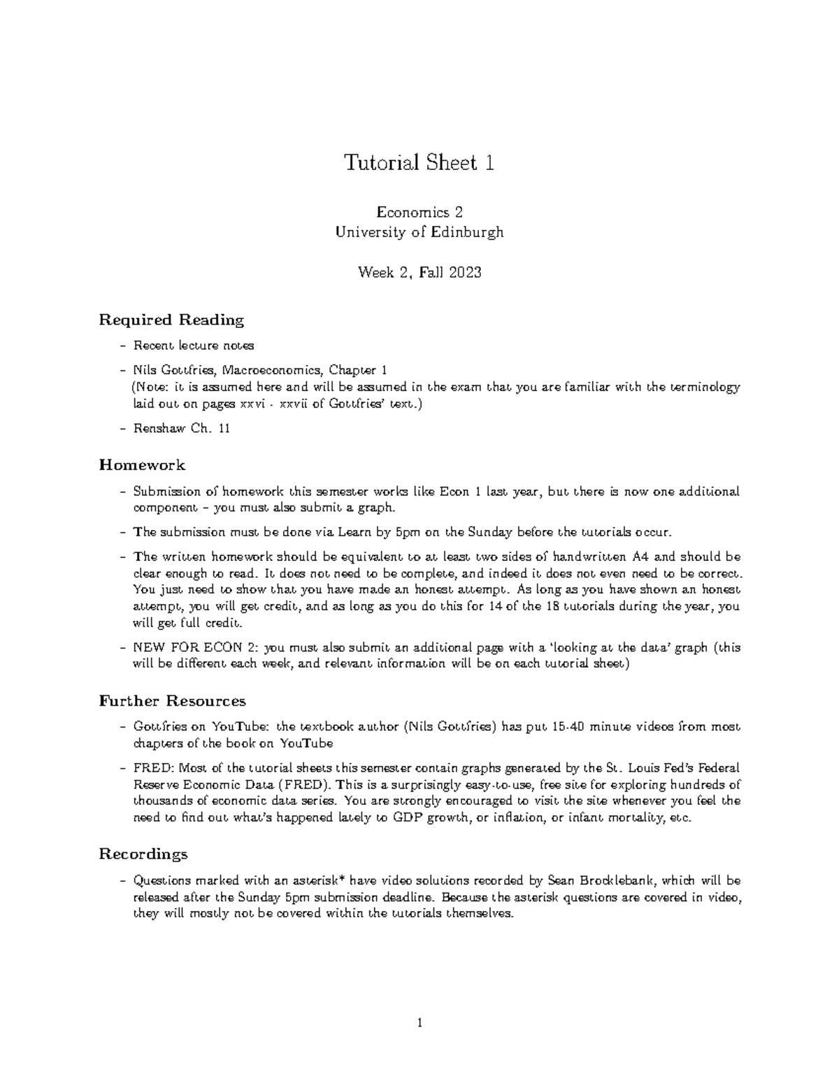 Economics 2: Week 2 Tutorial Sheet 1 Questions - Fall 2023 - Studocu