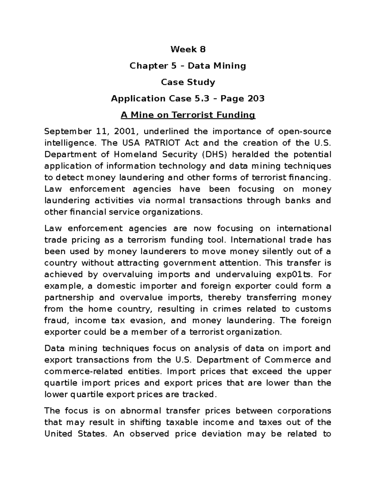 Week 8 Case Study 5.3: Data Mining in Terrorist Funding Analysis - Studocu