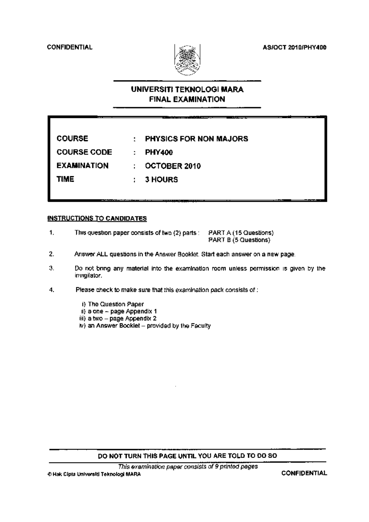 PHY400 - Final Examination Guide for Physics for Non-Majors - Studocu