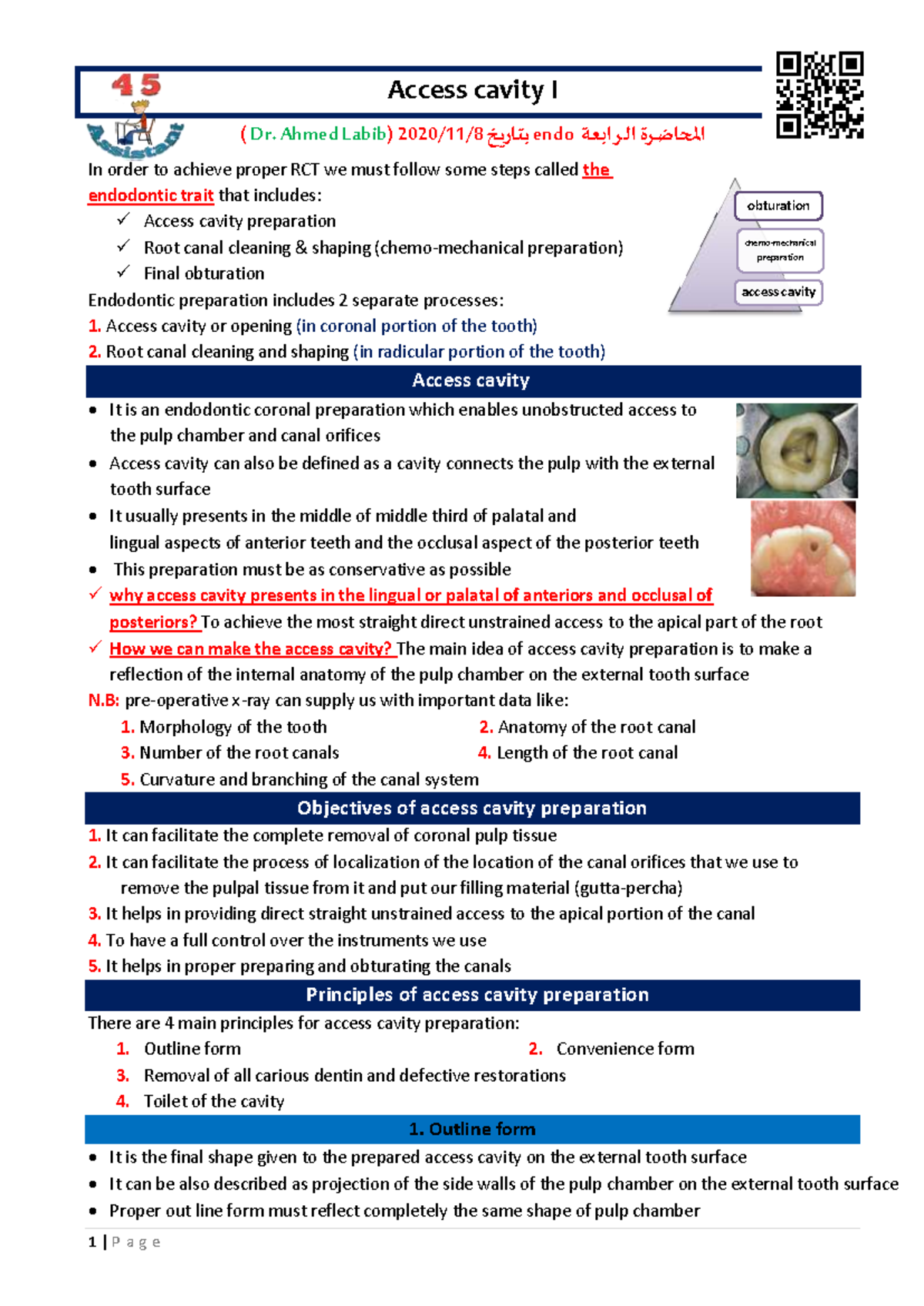 04- Access Cavity Preparation: Principles & Steps for RCT - Studocu