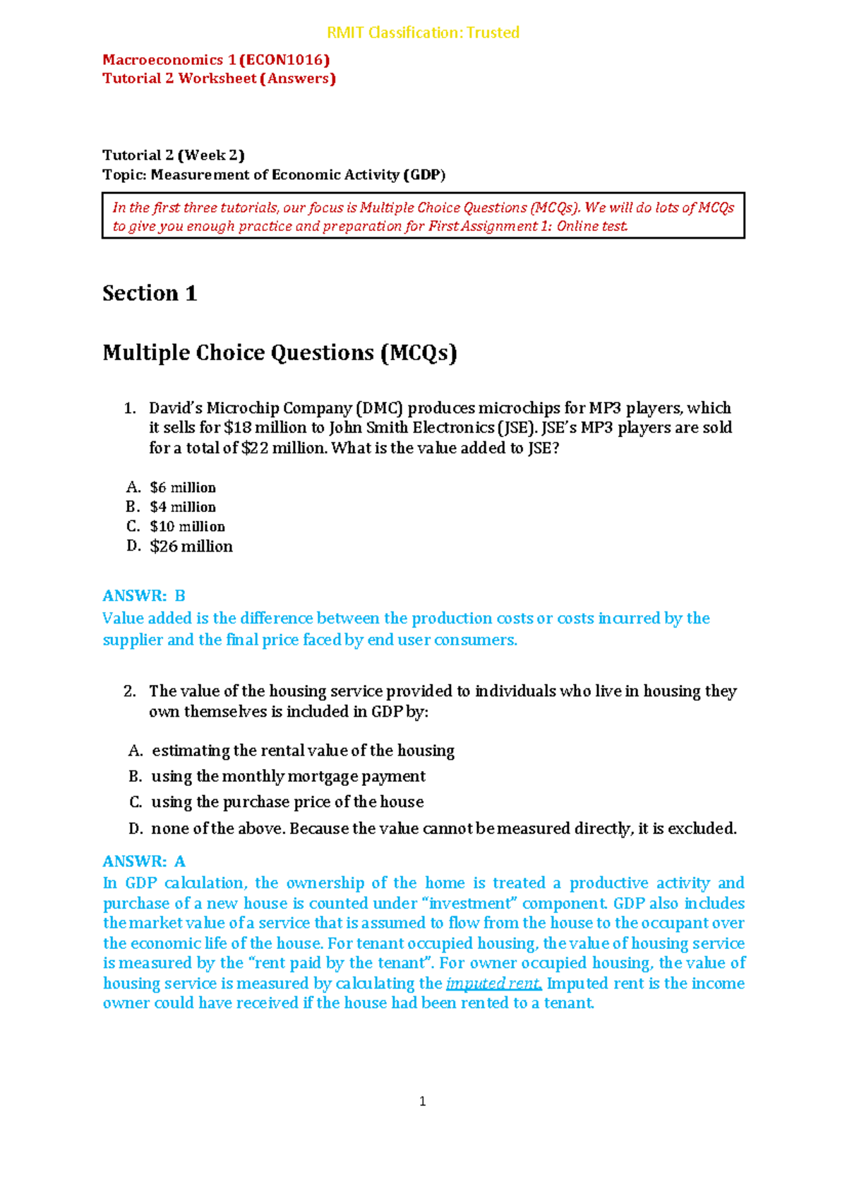 Macro 1 (ECON1016) Tutorial Worksheet - Week 2 Answers - Macroeconomics ...