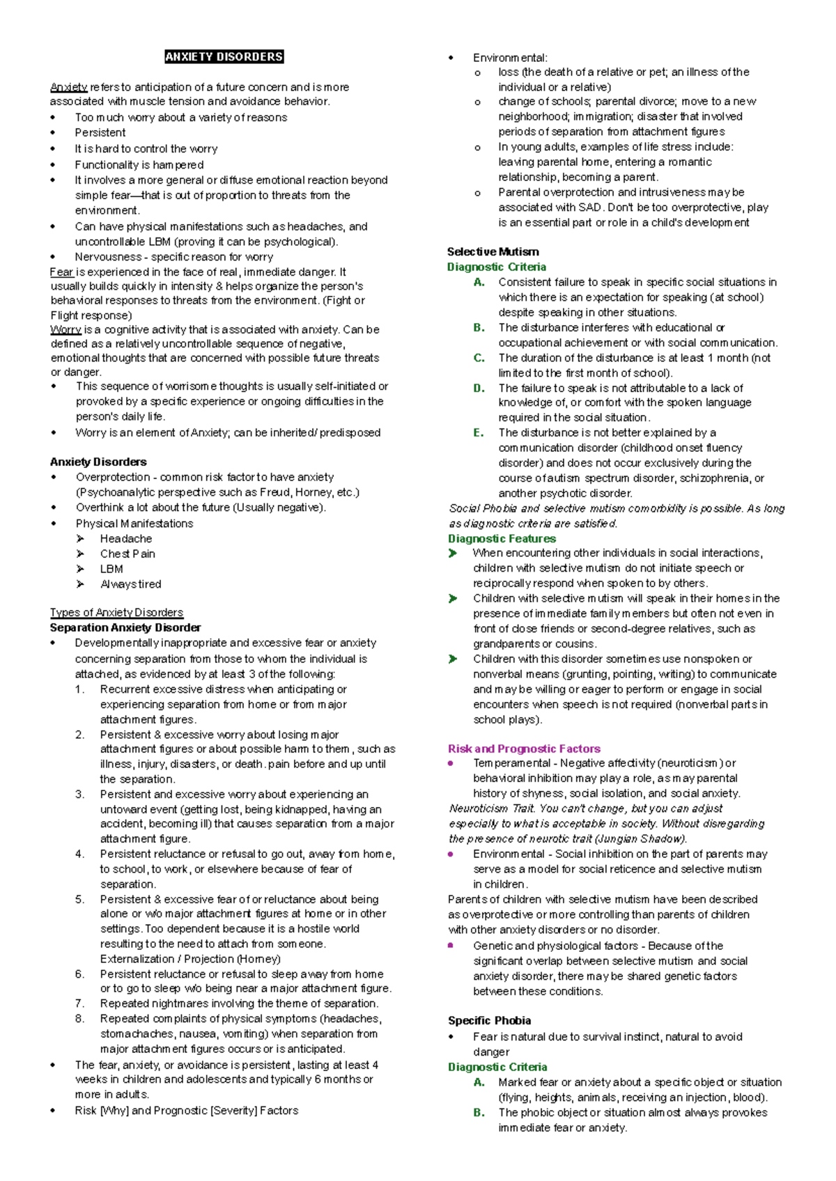 Anxiety Disorders Overview - Lesson 2 Notes - Studocu