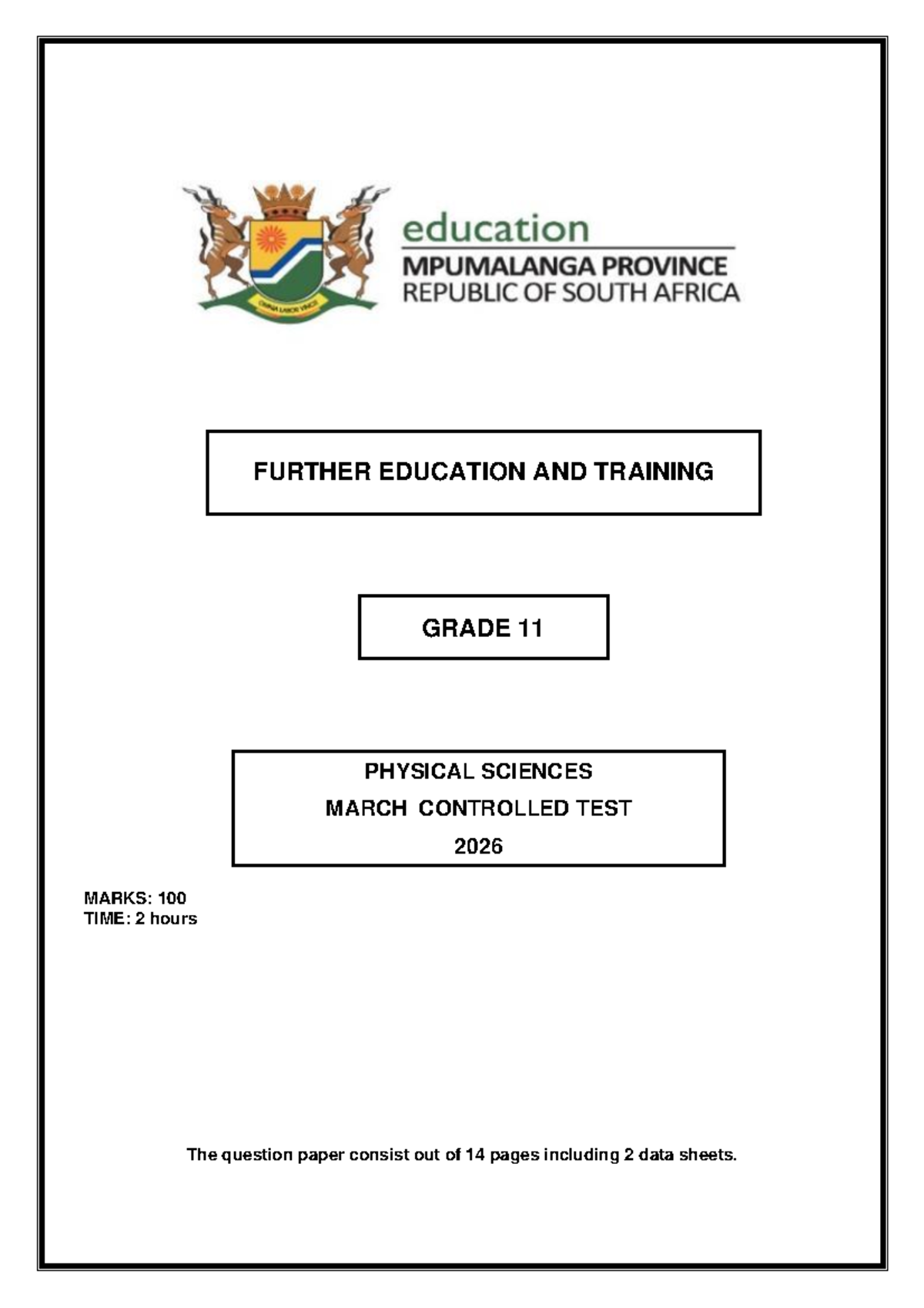 2026 Grade 11 Physical Sciences March Controlled Test QP - Studocu