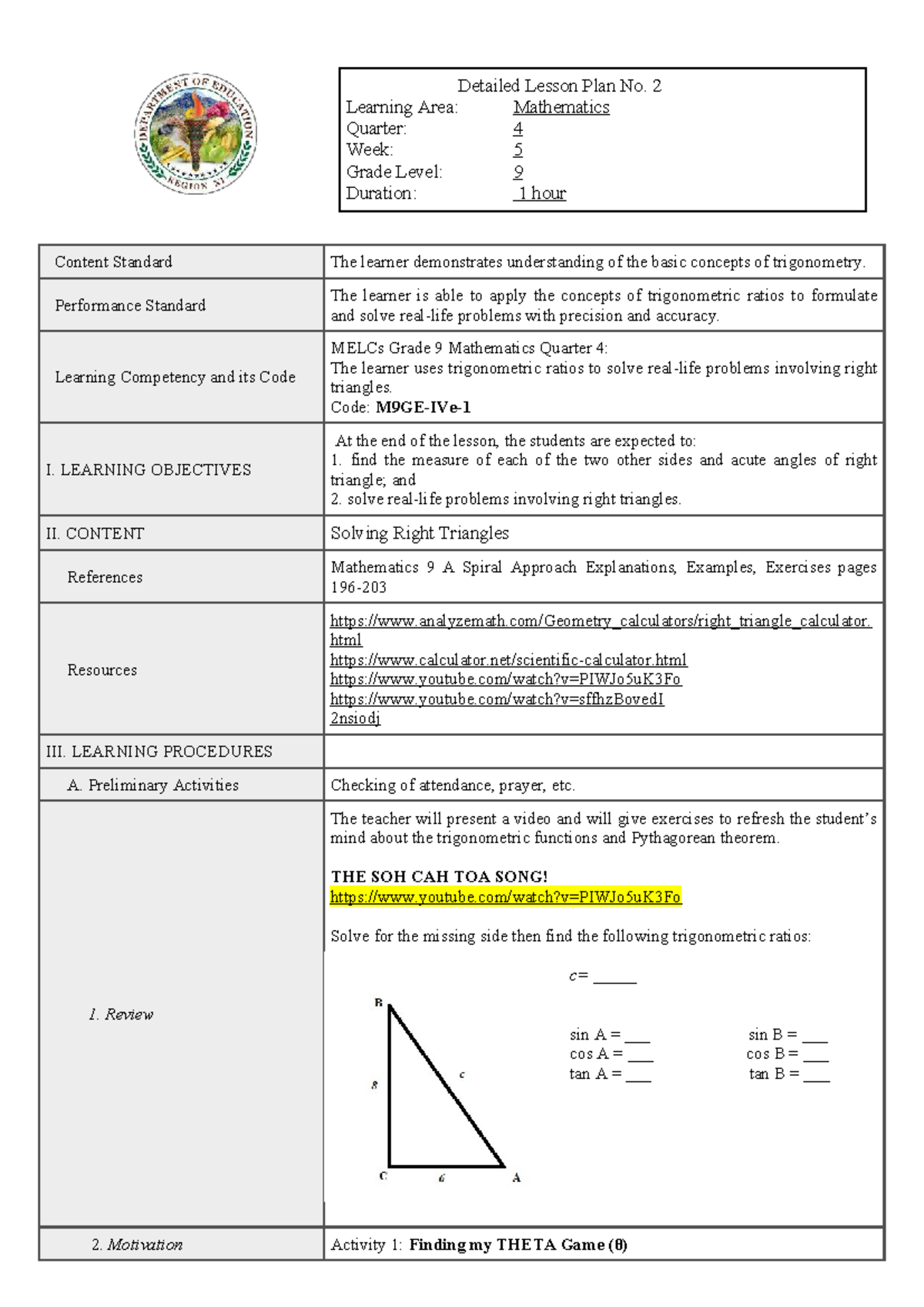 Grade 9 Math Lesson Plan: Solving Right Triangles (M9GE-IVe-) - Studocu