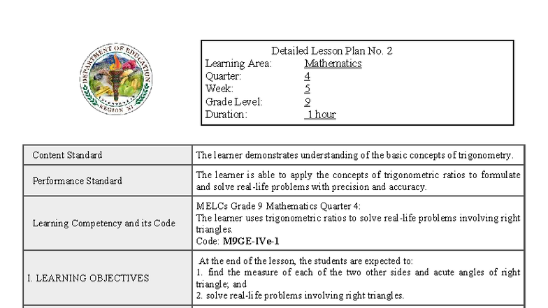 Grade 9 Math Lesson Plan: Solving Right Triangles (M9GE-IVe-) - Studocu