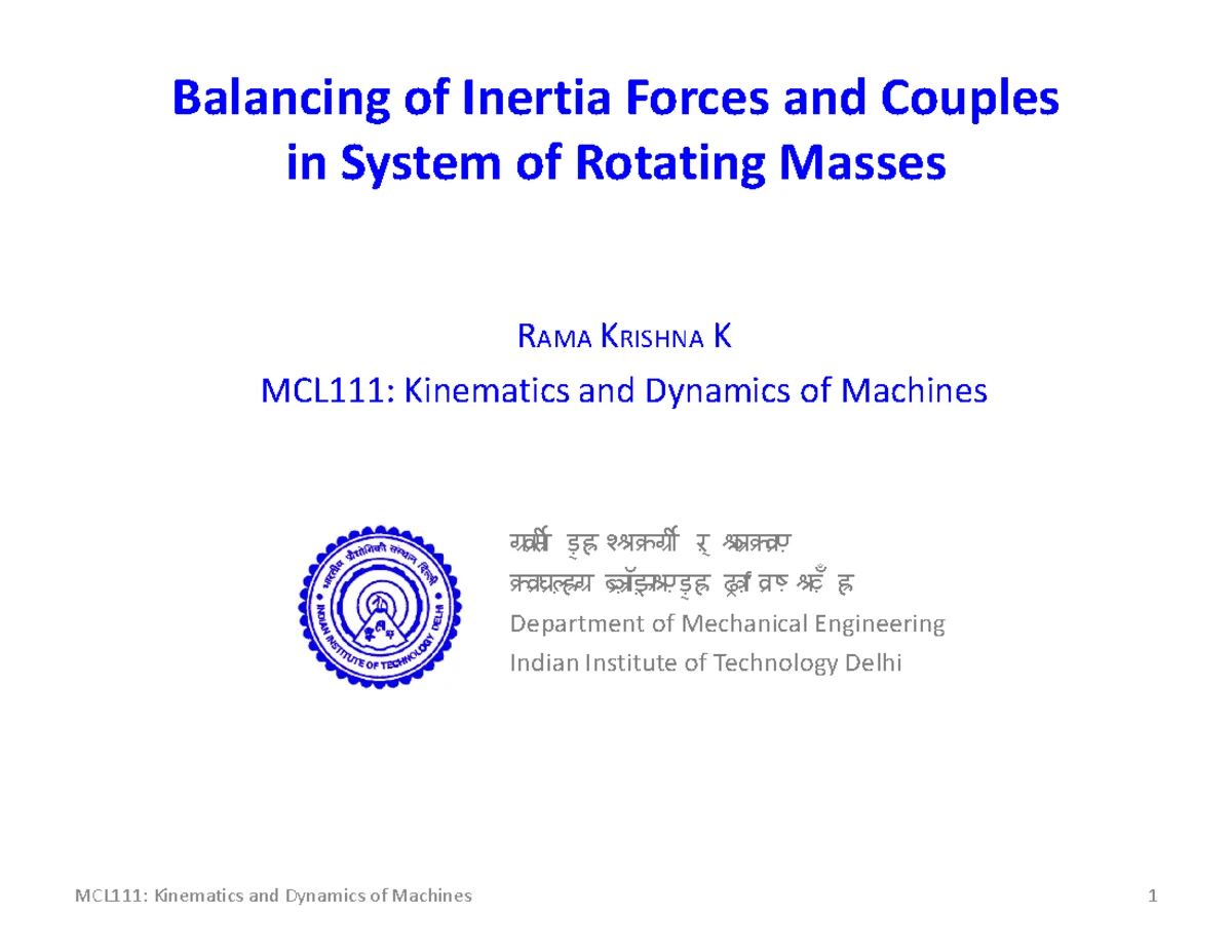 Odd Semester Tutorial Sheet 13: Balancing of IC Engines (2024-2025 ...