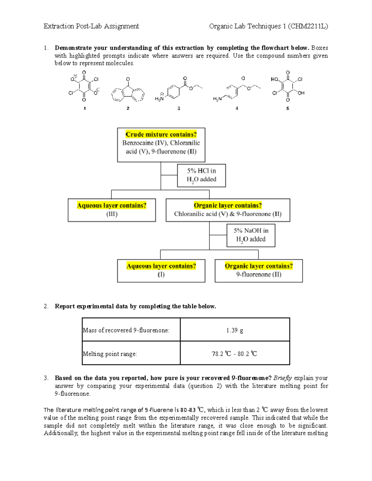 Extraction Post-Lab Assignment for Organic Lab Techniques (CHM2211L ...