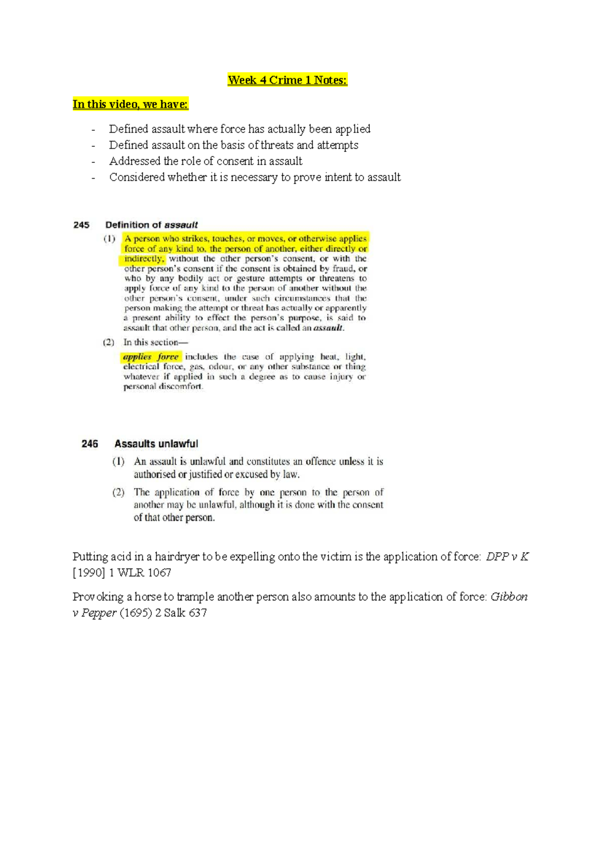 Week 4 Crime 1 Lecture Notes: Understanding Assault and Consent - Studocu