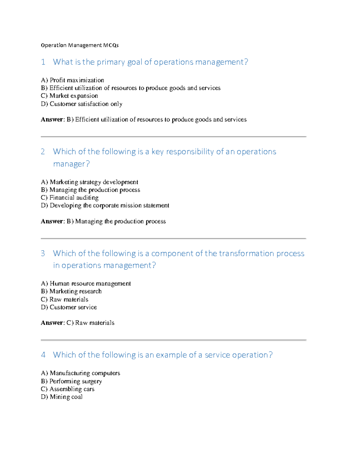 Operation Management MCQs: Key concepts and questions for review - Studocu