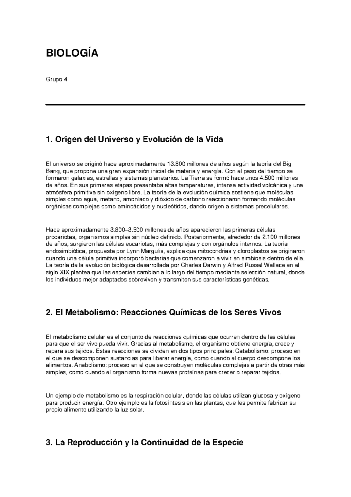 BIO 2 Grupo 4: Origen del Universo y Evolución de la Vida - Studocu