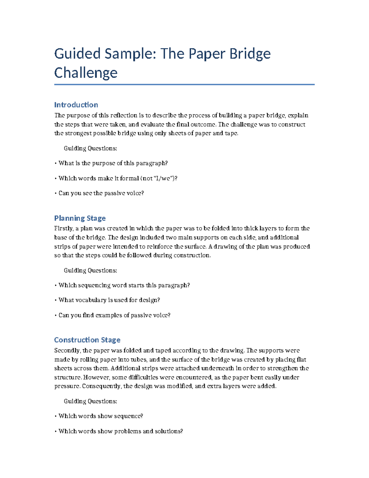 Guided Sample: Paper Bridge Challenge Reflection & Evaluation - Studocu