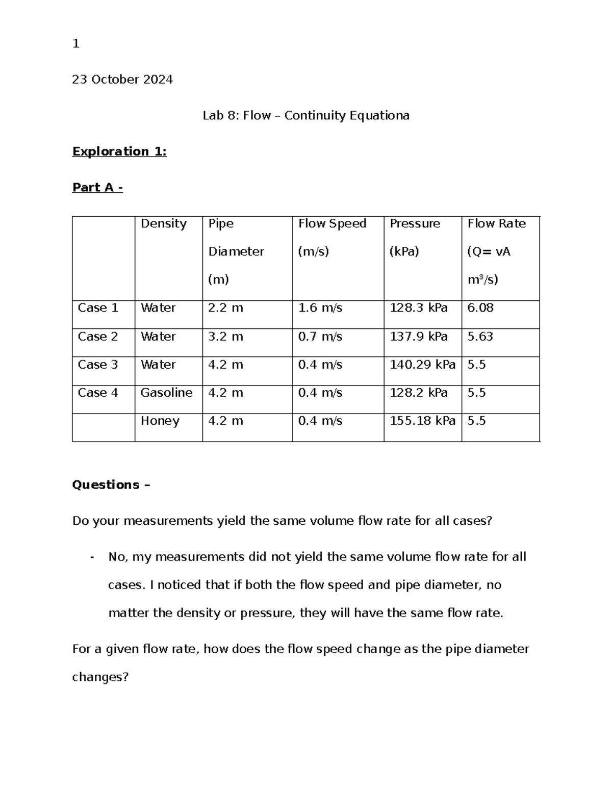 Lab 8: Flow continuity equation exploration and analysis - Studocu