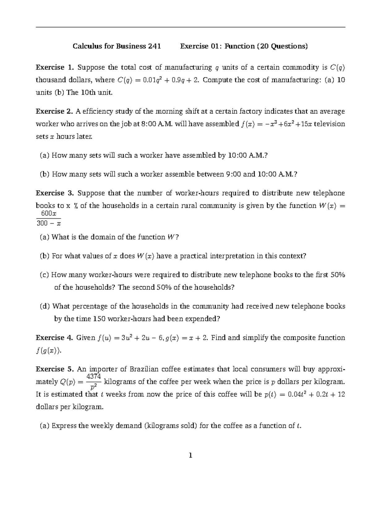 Calculus for Business 241 Exercise 01: Function Problems and Solutions ...
