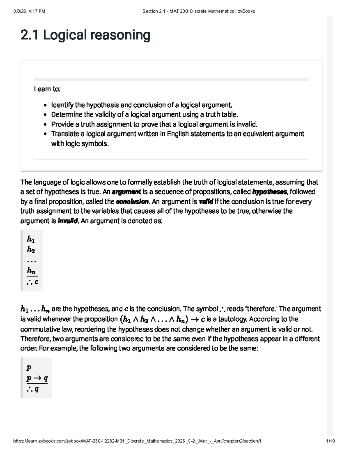 Section 2.1 MAT 230: Discrete Mathematics - Logical Reasoning Concepts ...