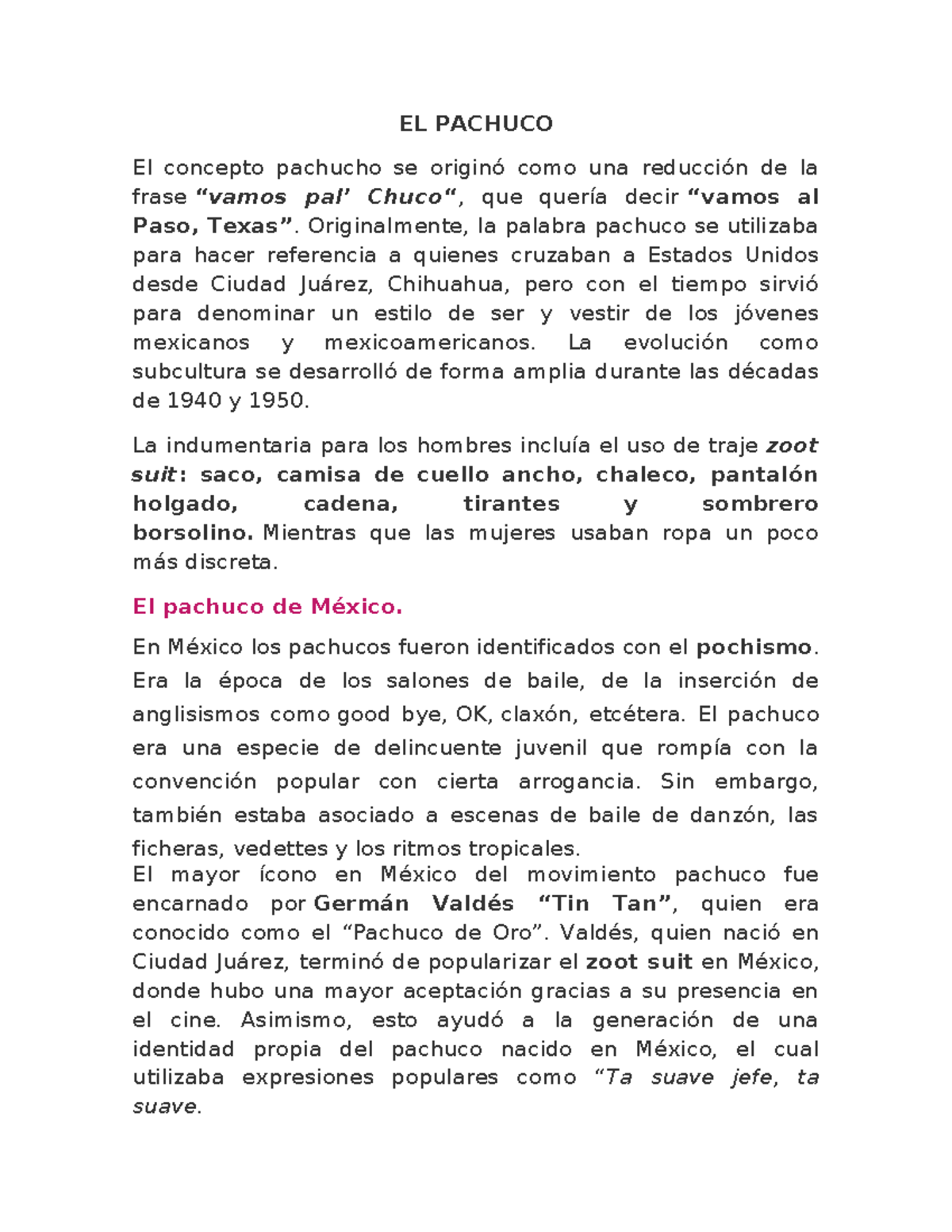 EL Pachuco: Apuntes sobre la Subcultura y su Evolución - Studocu