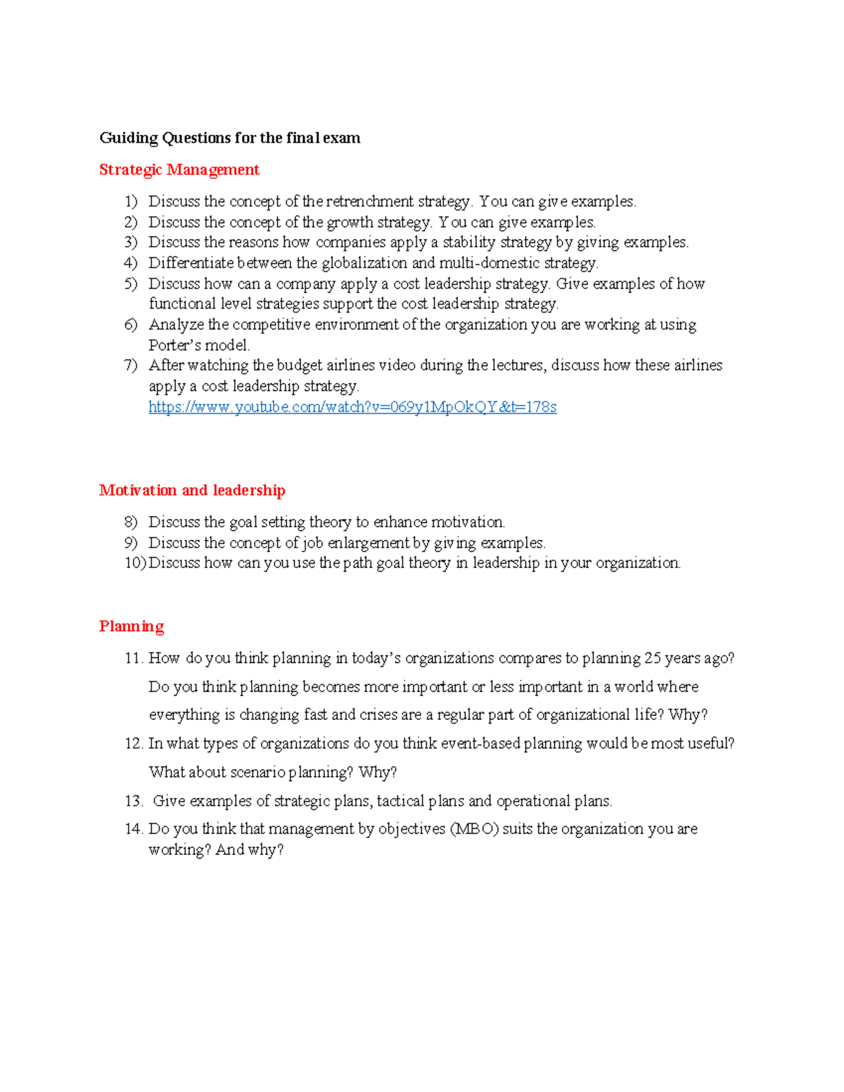 Guiding Questions for Final Exam in Strategic Management (Dec 2024 ...